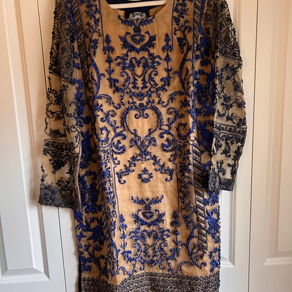 HSY by Hassan Shehreyar Yasin Gold Navy Blue Heavy Formal 3-Piece Size S - Picture 6 of 9